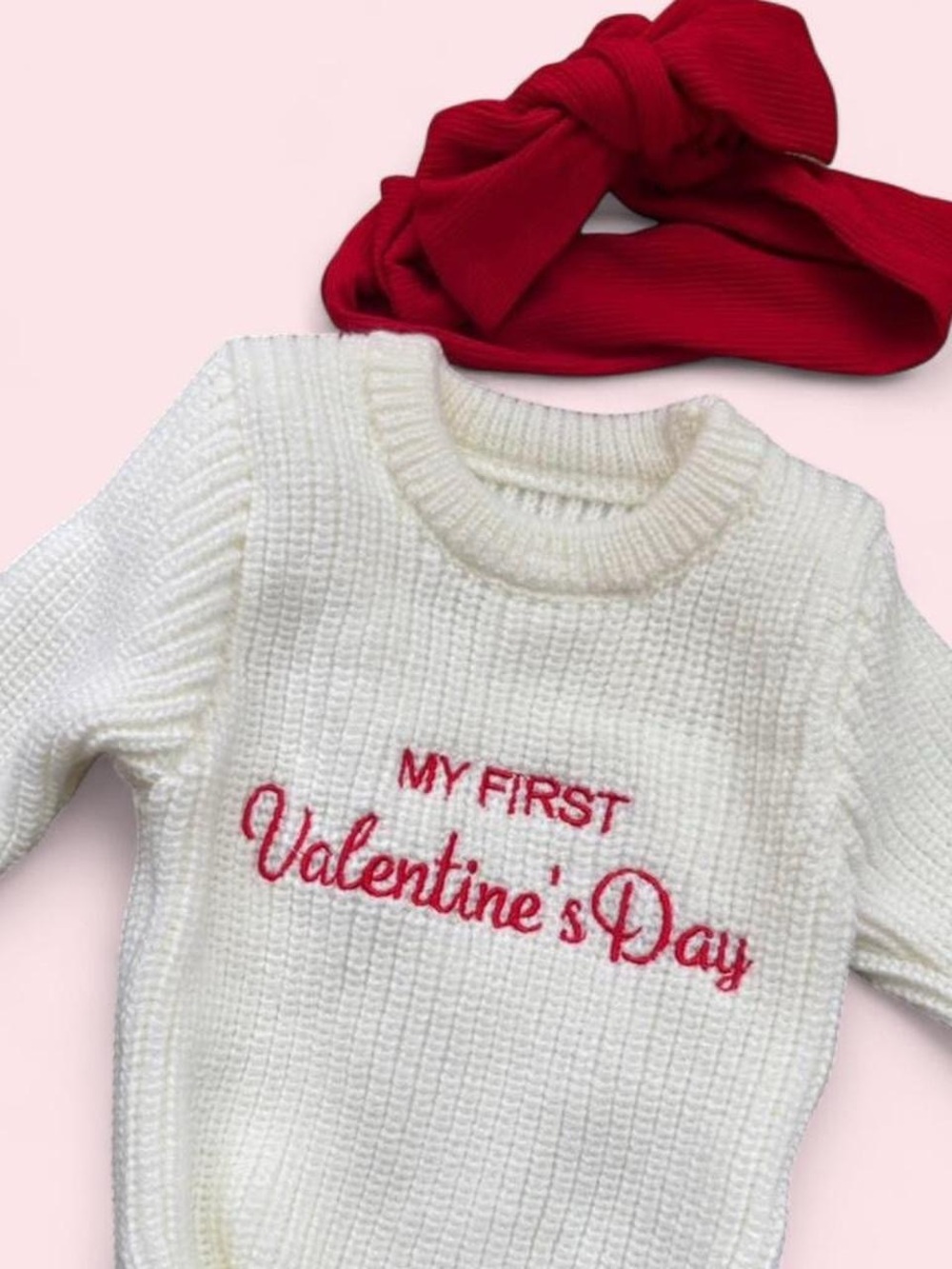 Baby 'My First Valentine's Day' Knit Sweater Onsie with Bow Headband